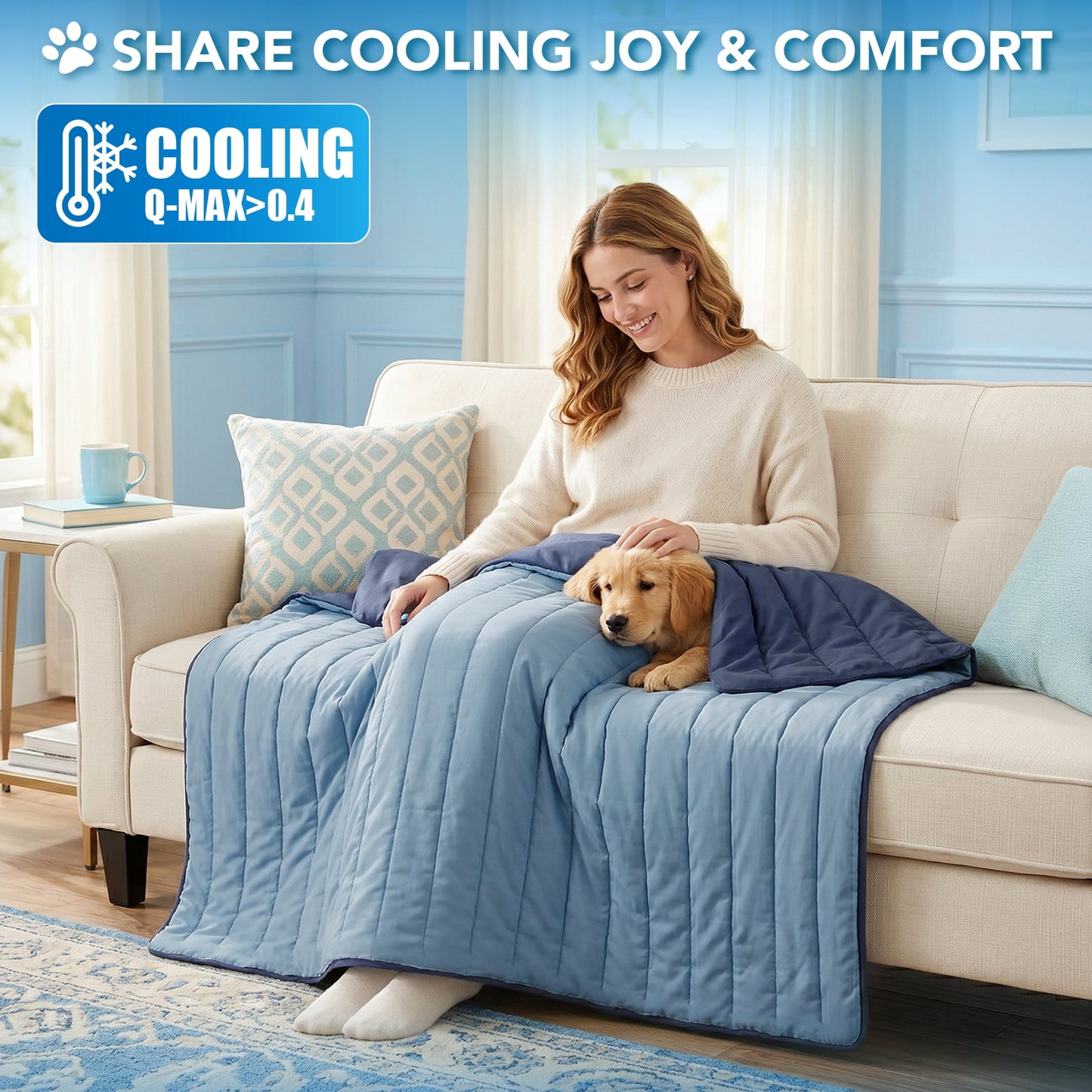Dog Cooling Mat, Q-Max Pet Cooling Blanket with Thick Cushioning, Self Cooling Pad for Dogs & Cats, Reversible Summer Mat for Crate, Couch, Kennel, Navy/Dusty Blue, Large (40X60)