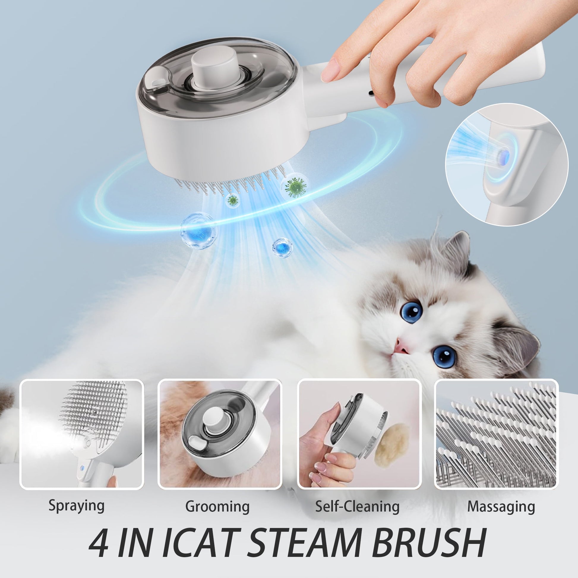 Cat Steam Brush 4-In-1 Pet Spray Comb for Indoor Cats, Rechargeable Steam Brush with Release Button for Long Short Hair Pet Clean Design Tool, White