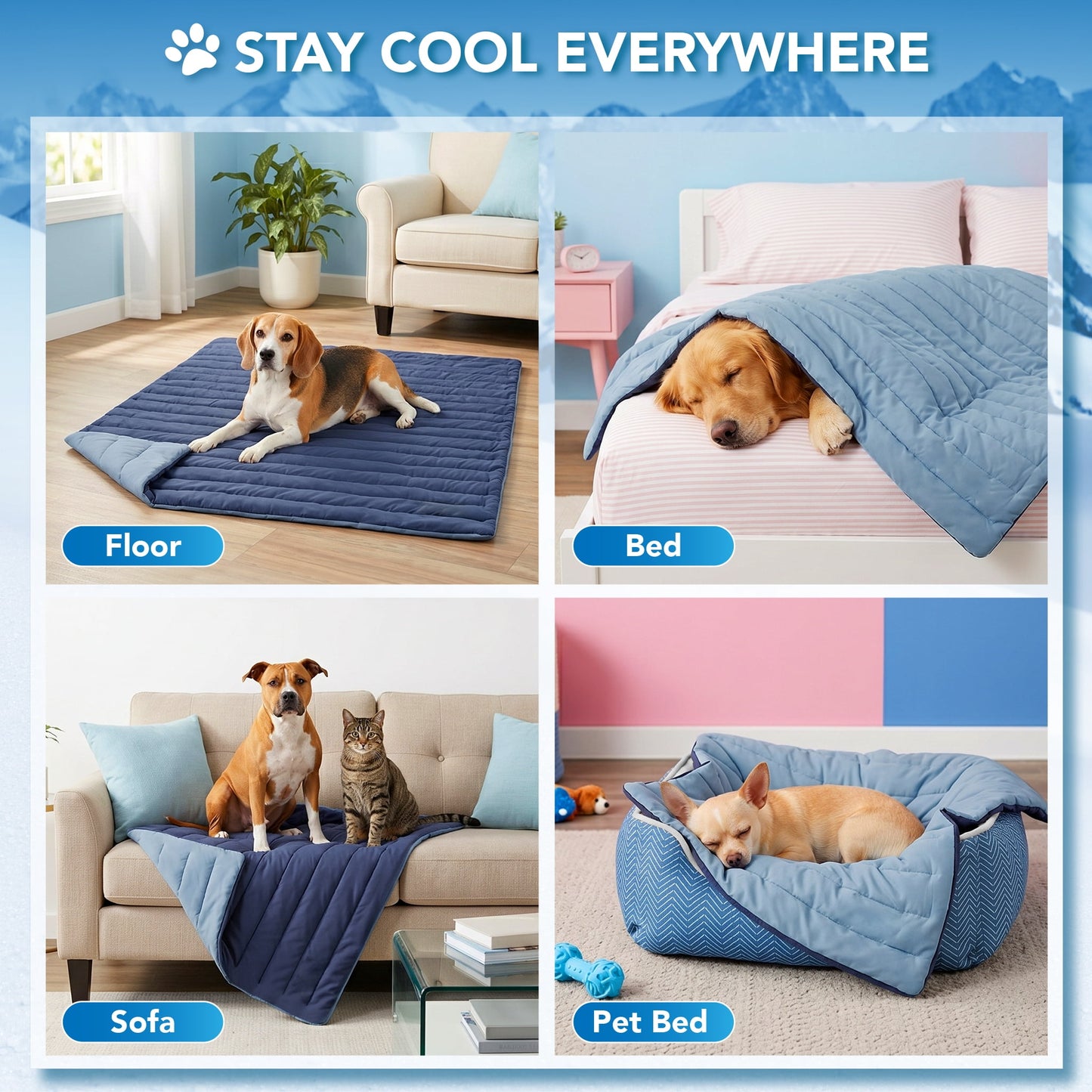 Dog Cooling Mat, Q-Max Pet Cooling Blanket with Thick Cushioning, Self Cooling Pad for Dogs & Cats, Reversible Summer Mat for Crate, Couch, Kennel, Navy/Dusty Blue, Large (40X60)