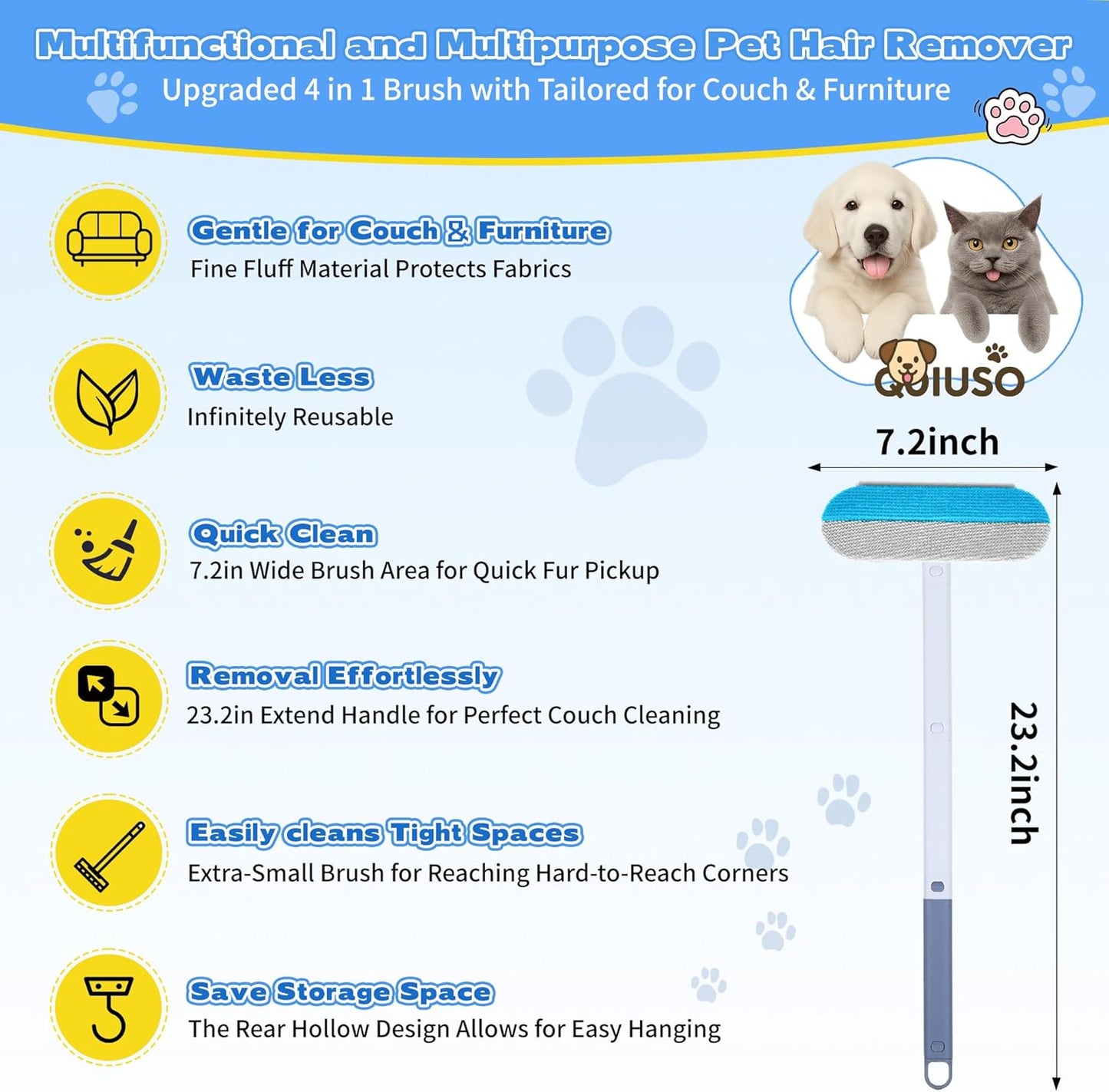 Pet Hair Remover for Furniture – 23.2Inch Reusable Dog & Cat Hair Removal Brush, Washable Lint Cleaner with Long Handle, 4-In-1 Pet Hair Remover for Couch, Carpet, Clothes & Bedding