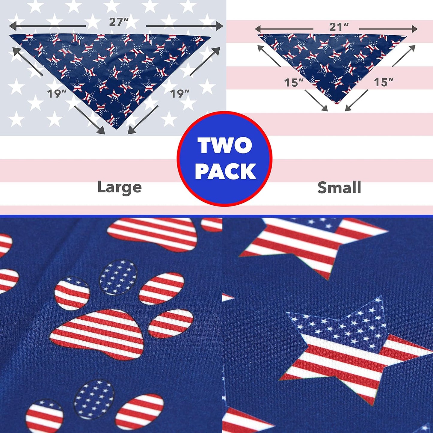 4Th of July Dog Bandana - 2 Pack American Flag Dog Bandanas for Medium and Large Dogs, Patriotic USA Independence Day Dog Puppy Collar Scarf for Dogs, Puppies, Paw and Star Print (Large)