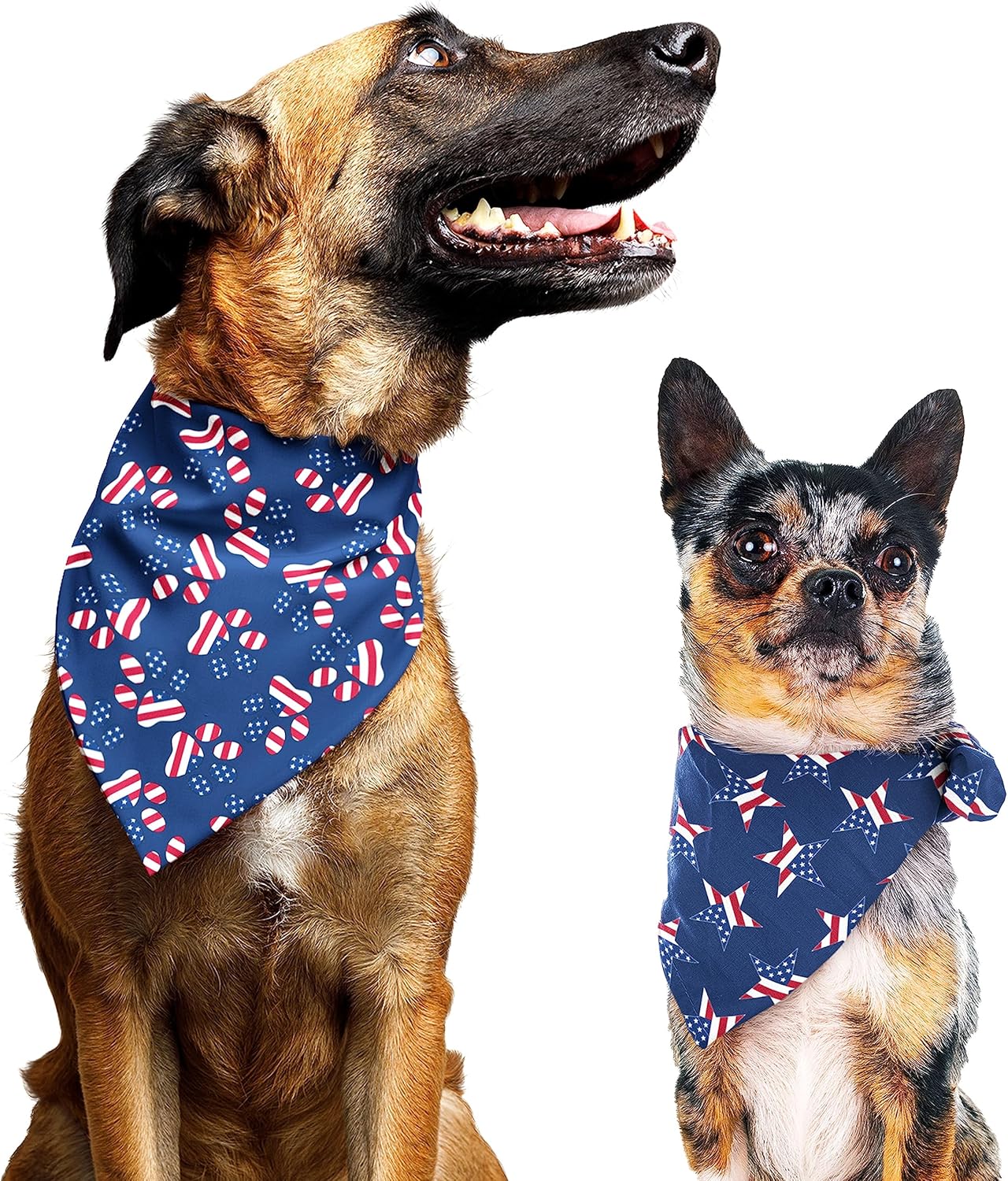 4Th of July Dog Bandana - 2 Pack American Flag Dog Bandanas for Medium and Large Dogs, Patriotic USA Independence Day Dog Puppy Collar Scarf for Dogs, Puppies, Paw and Star Print (Large)