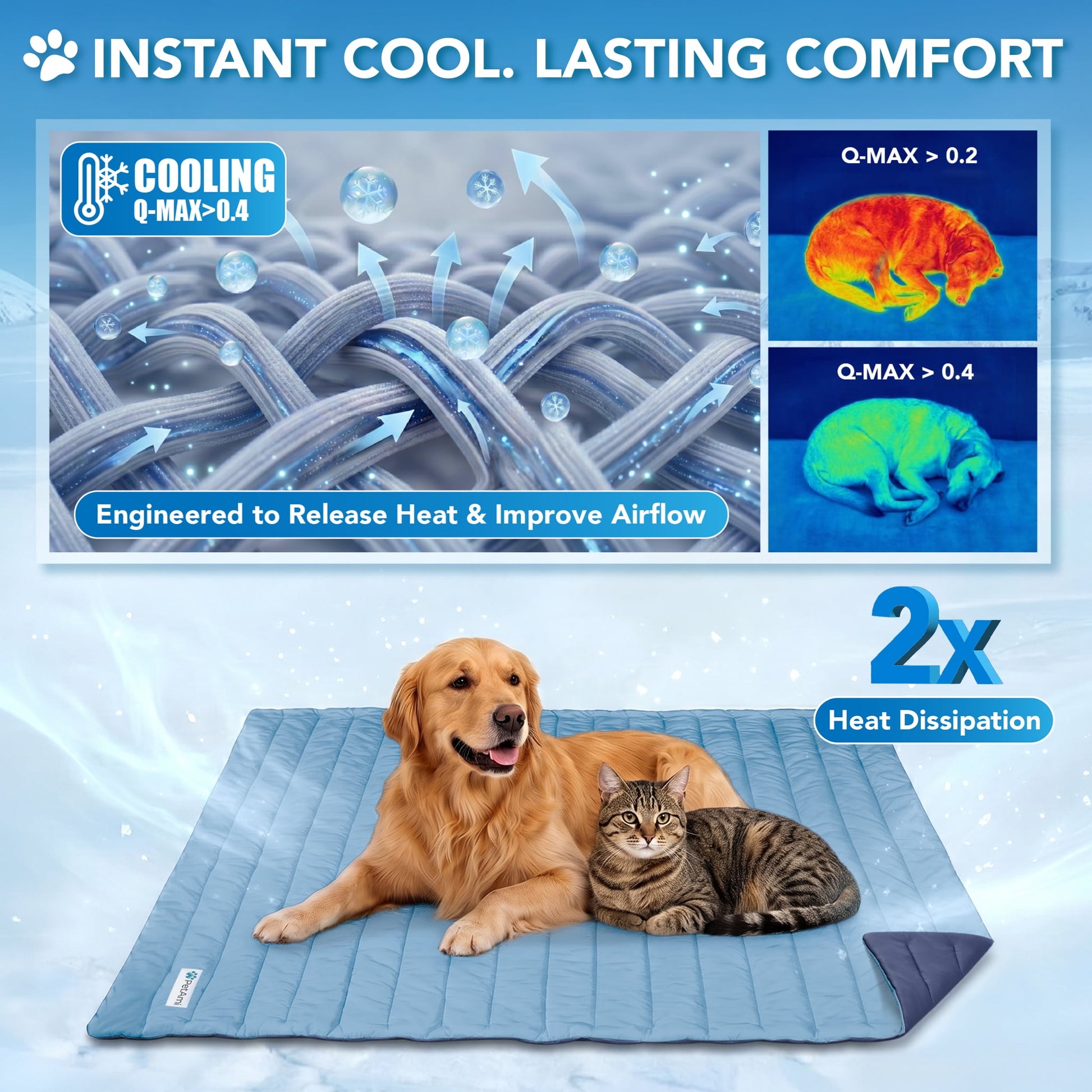 Dog Cooling Mat, Q-Max Pet Cooling Blanket with Thick Cushioning, Self Cooling Pad for Dogs & Cats, Reversible Summer Mat for Crate, Couch, Kennel, Navy/Dusty Blue, Large (40X60)