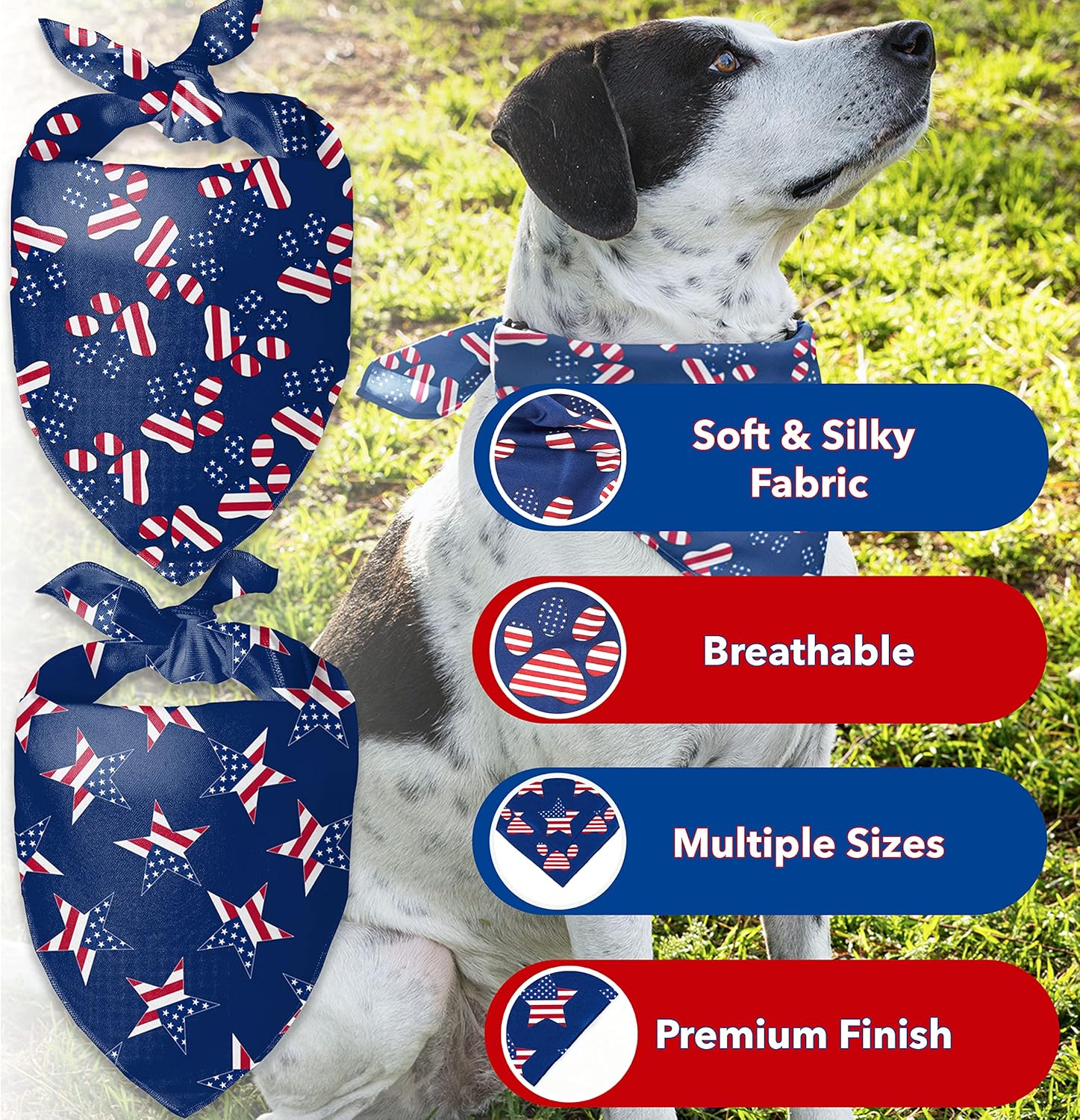 4Th of July Dog Bandana - 2 Pack American Flag Dog Bandanas for Medium and Large Dogs, Patriotic USA Independence Day Dog Puppy Collar Scarf for Dogs, Puppies, Paw and Star Print (Large)