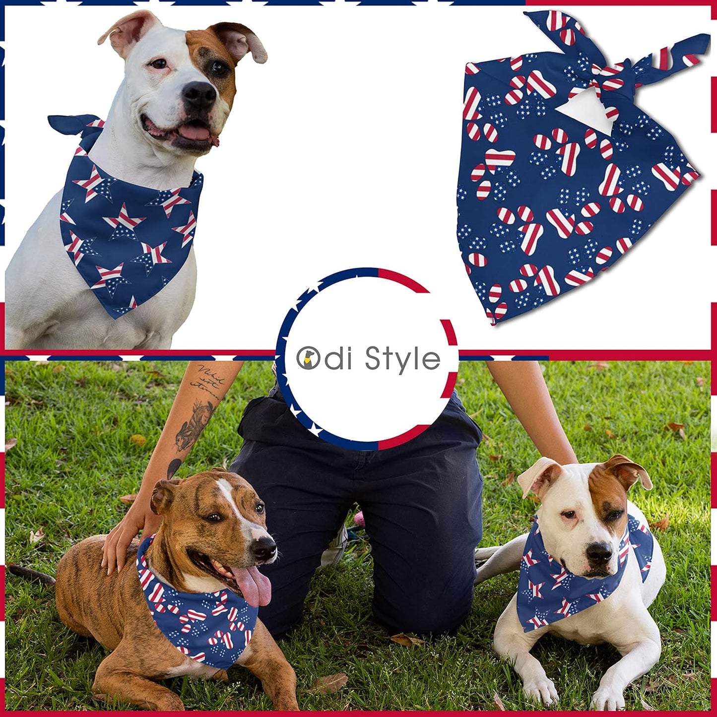 4Th of July Dog Bandana - 2 Pack American Flag Dog Bandanas for Medium and Large Dogs, Patriotic USA Independence Day Dog Puppy Collar Scarf for Dogs, Puppies, Paw and Star Print (Large)