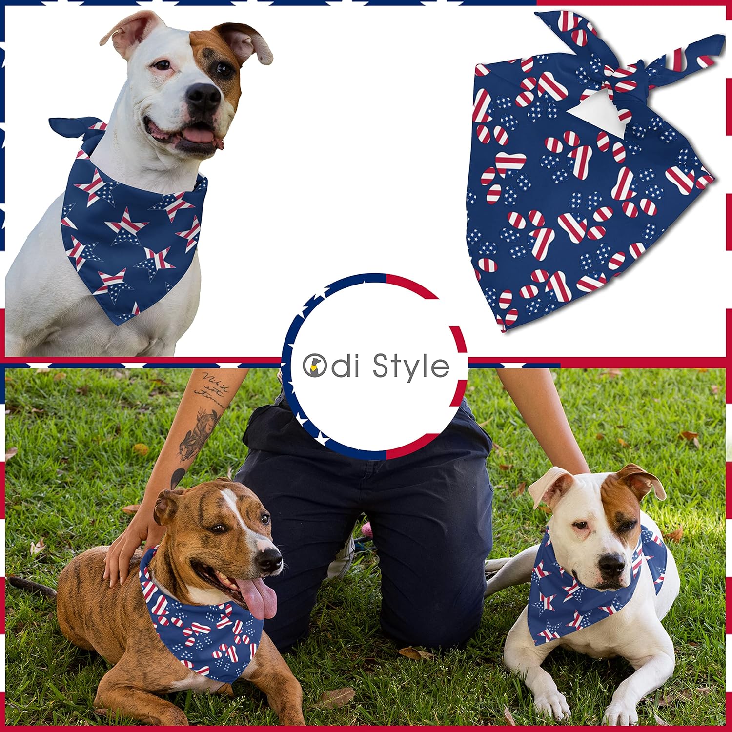 4Th of July Dog Bandana - 2 Pack American Flag Dog Bandanas for Medium and Large Dogs, Patriotic USA Independence Day Dog Puppy Collar Scarf for Dogs, Puppies, Paw and Star Print (Large)