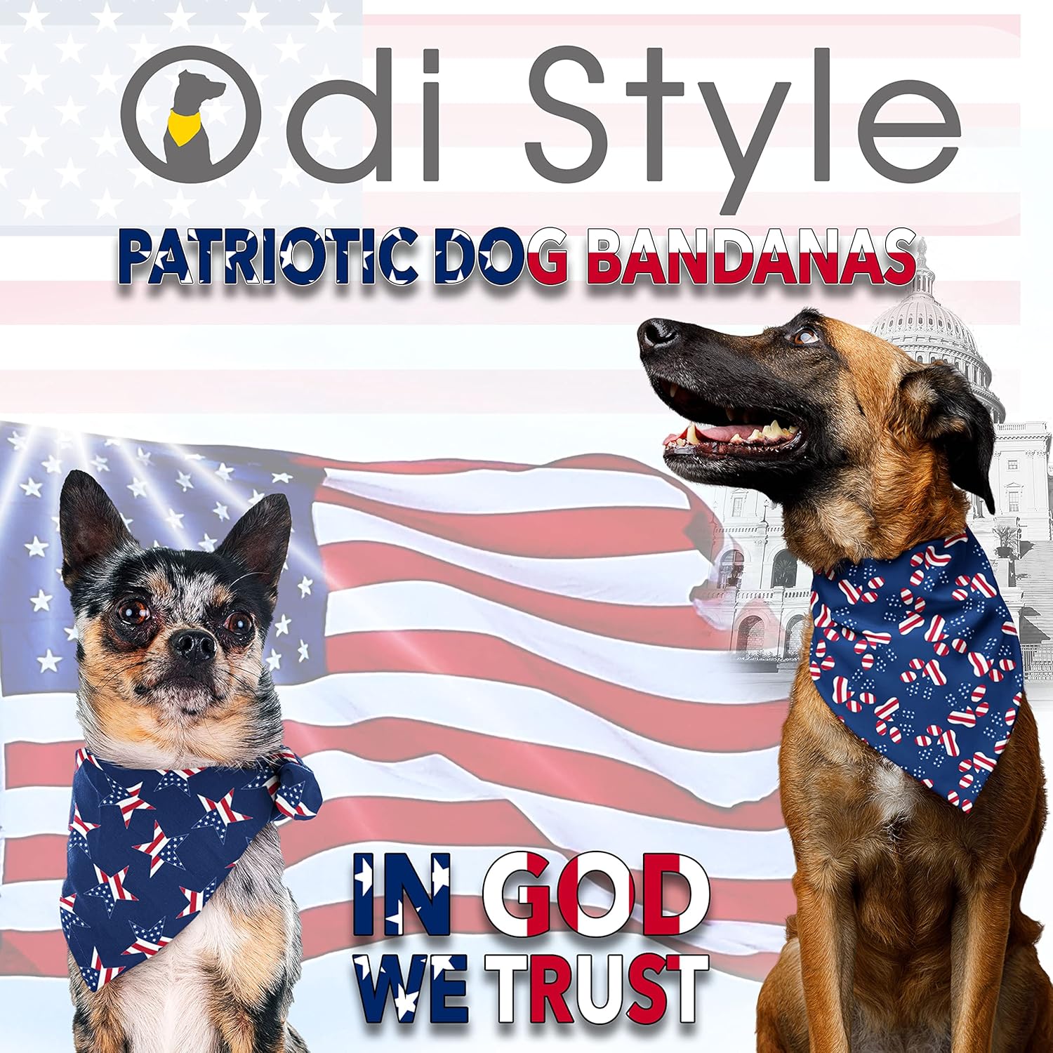 4Th of July Dog Bandana - 2 Pack American Flag Dog Bandanas for Medium and Large Dogs, Patriotic USA Independence Day Dog Puppy Collar Scarf for Dogs, Puppies, Paw and Star Print (Large)
