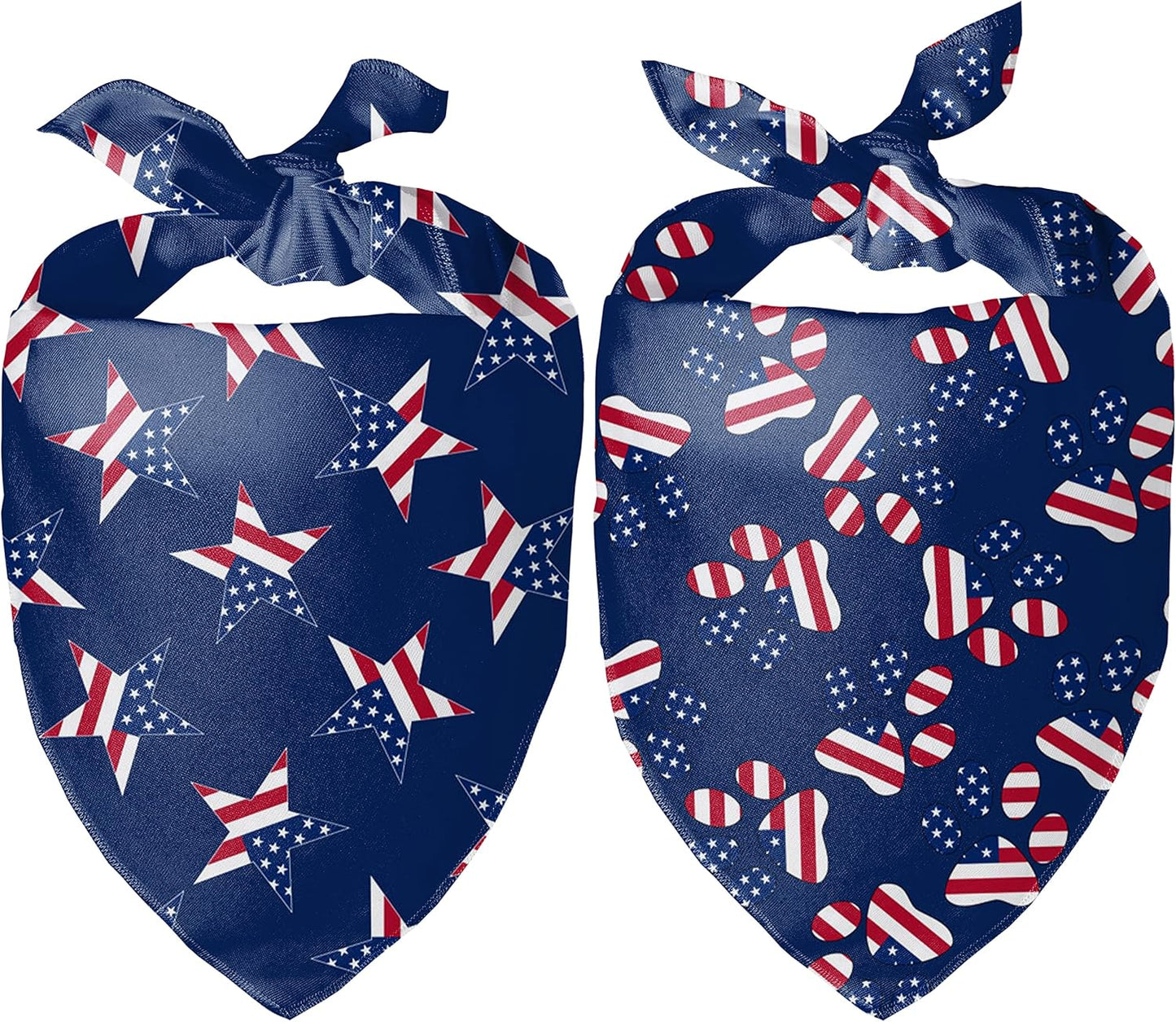 4Th of July Dog Bandana - 2 Pack American Flag Dog Bandanas for Medium and Large Dogs, Patriotic USA Independence Day Dog Puppy Collar Scarf for Dogs, Puppies, Paw and Star Print (Large)