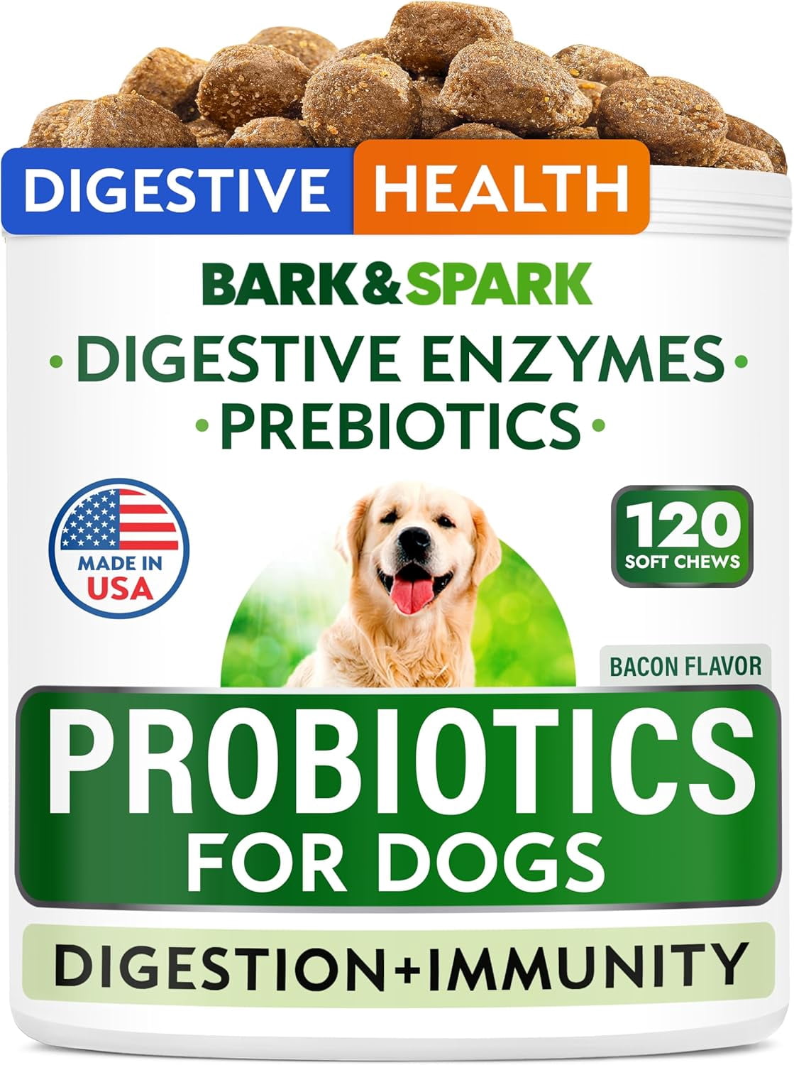 Probiotic Chews for Dogs - Digestive Enzymes, Diarrhea & Upset Stomach Relief - Gut Health, Itchy Skin, Prebiotic, Bacon (120 Ct)