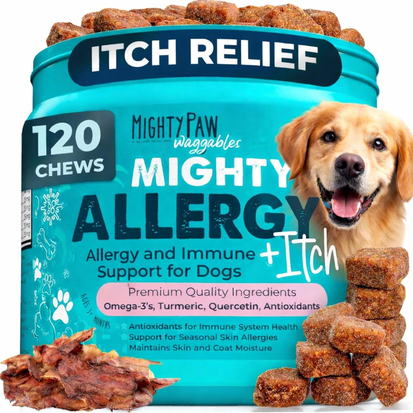 Waggables Allergy & Immune Support for Dogs | Omega 3, Quercetin, Bacon Flavor, 120 Ct