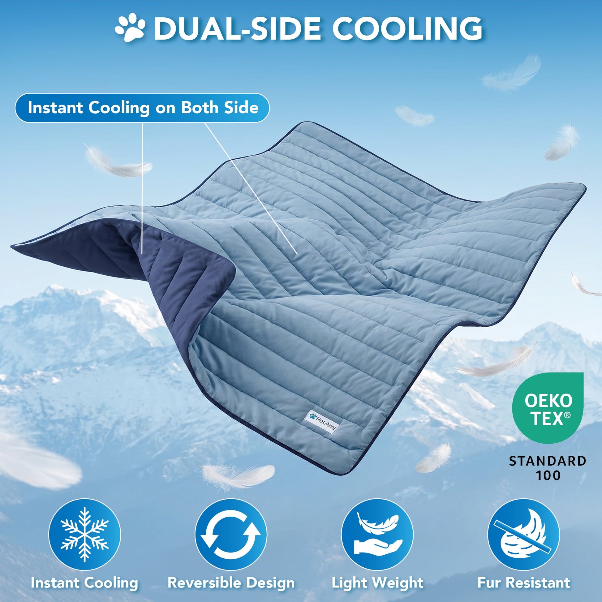Dog Cooling Mat, Q-Max Pet Cooling Blanket with Thick Cushioning, Self Cooling Pad for Dogs & Cats, Reversible Summer Mat for Crate, Couch, Kennel, Navy/Dusty Blue, Large (40X60)