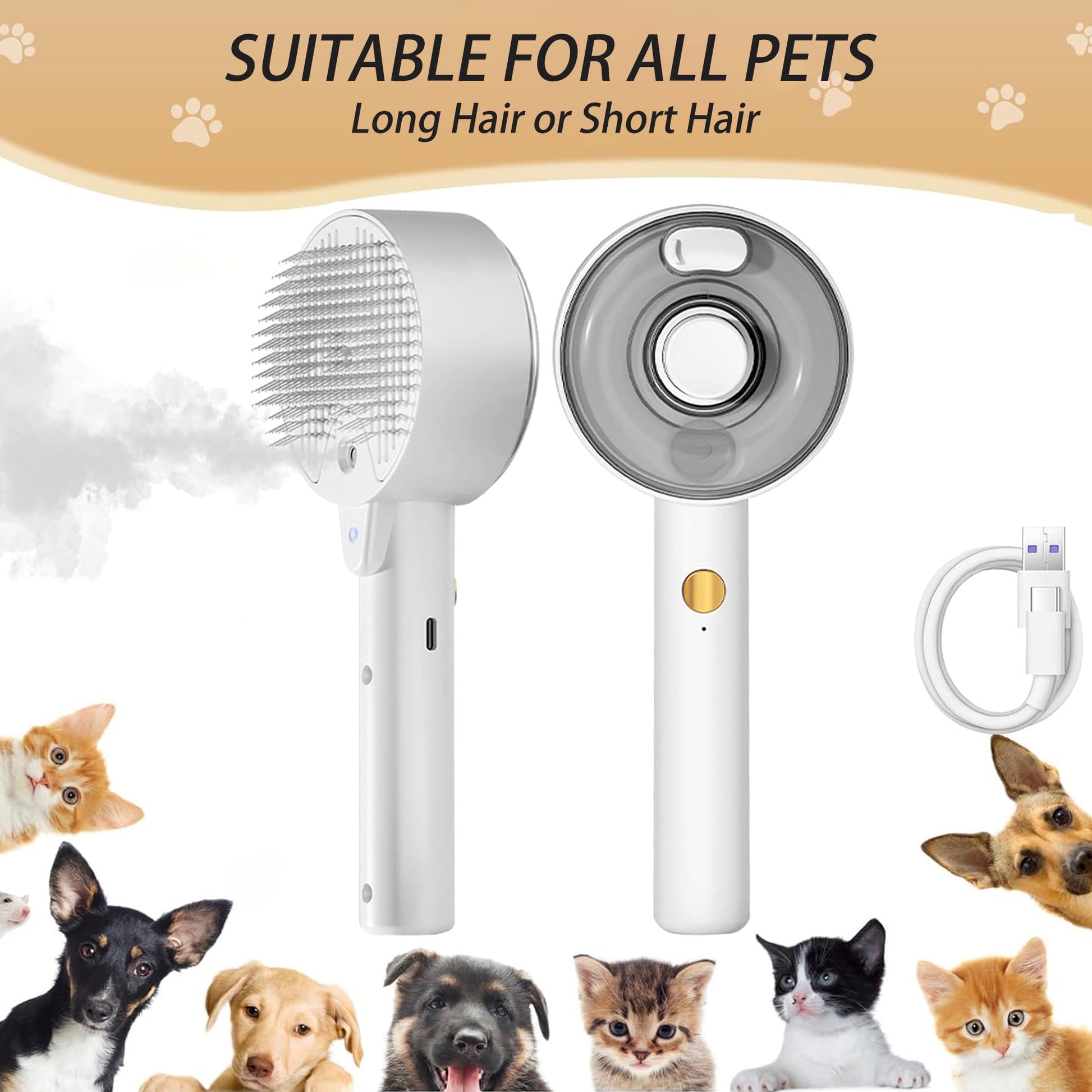 Cat Steam Brush 4-In-1 Pet Spray Comb for Indoor Cats, Rechargeable Steam Brush with Release Button for Long Short Hair Pet Clean Design Tool, White