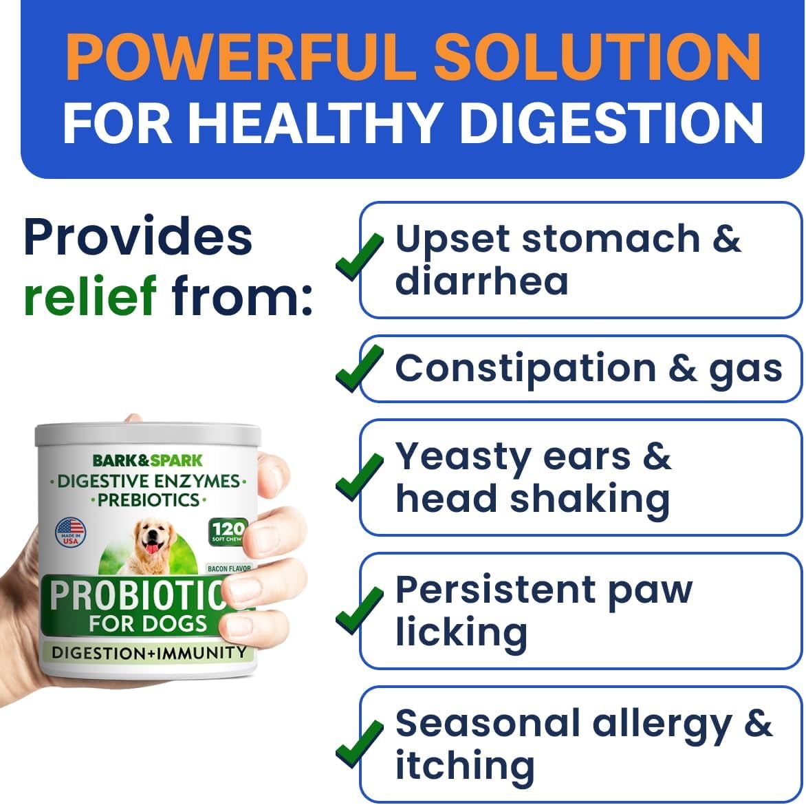 Probiotic Chews for Dogs - Digestive Enzymes, Diarrhea & Upset Stomach Relief - Gut Health, Itchy Skin, Prebiotic, Bacon (120 Ct)