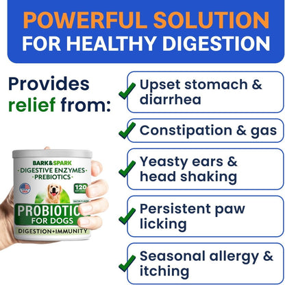 Probiotic Chews for Dogs - Digestive Enzymes, Diarrhea & Upset Stomach Relief - Gut Health, Itchy Skin, Prebiotic, Bacon (120 Ct)